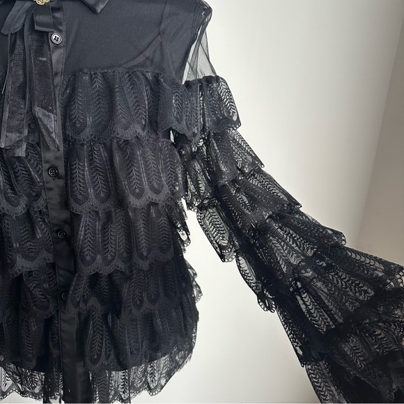 🖤Victorian Gothic Lace Ruffle Blouse | Sheer Black Romantic Tiered Top Size M - Picture 13 of 14